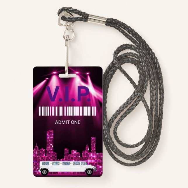 Limo Pass Party Pass, VIP, Invitation, glitter ID Badge (Front with Lanyard)