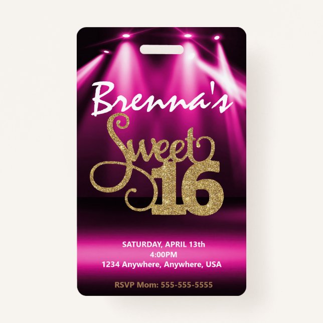 Limo Pass Party Pass, VIP, Sweet 16 glitter ID Badge (Back)