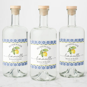 Limoncello Calligraphy Blue Tile Watercolor Lemon Liquor Bottle Label