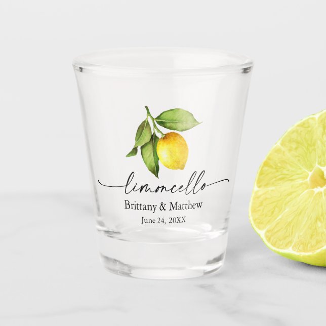 Limoncello Calligraphy Ink Watercolor Lemon  Shot Glass (Front)