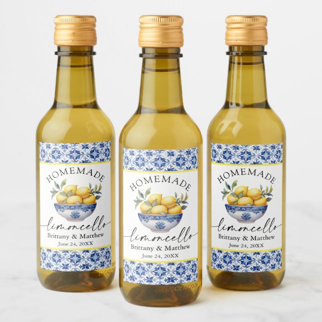 Limoncello Calligraphy Watercolor Lemon Blue Tiles Wine Label (Bottles)