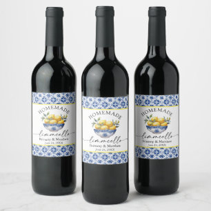 Limoncello Calligraphy Watercolor Lemon Blue Tiles Wine Label