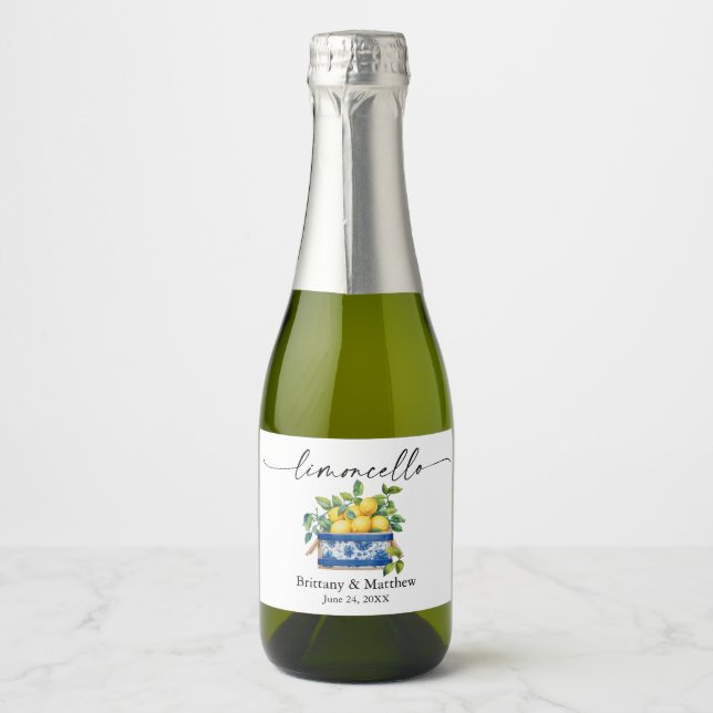 Limoncello Calligraphy Watercolor Lemons Blue Box Sparkling Wine Label (Front)
