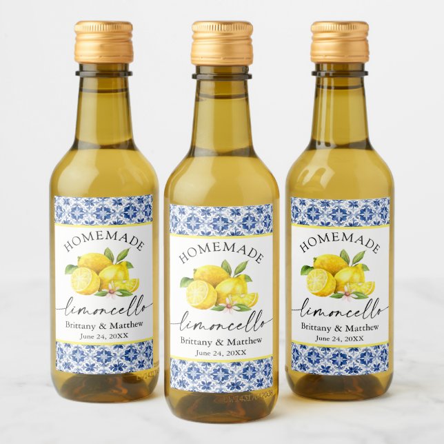 Limoncello Calligraphy Watercolor Lemons Blue Tile Wine Label (Bottles)