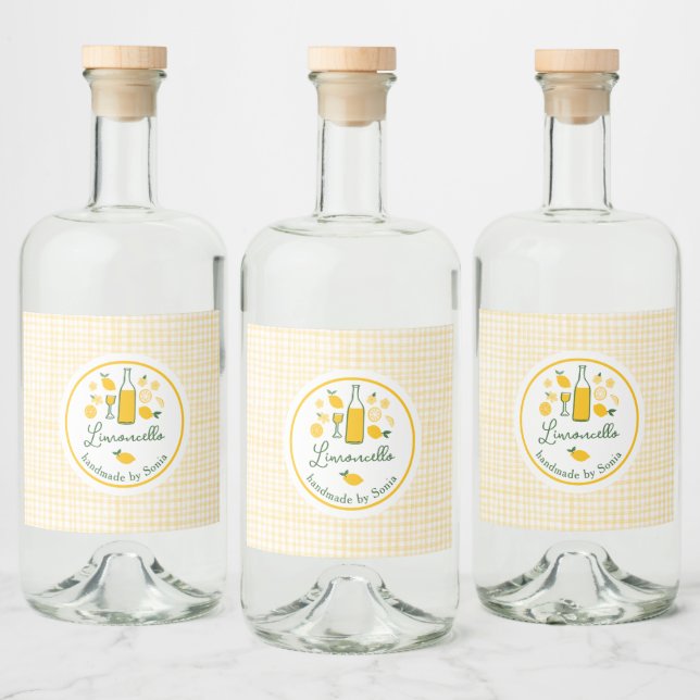 Limoncello Lemonade Lemon Gingham Handmade CUSTOM  Liquor Bottle Label (Bottles)