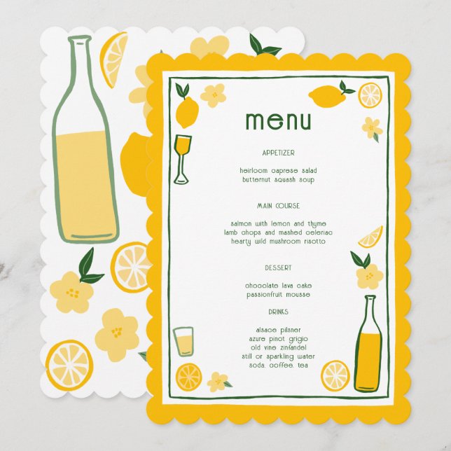 Limoncello Lemonade Lemons CUSTOM Bridal Shower  Menu (Front/Back)