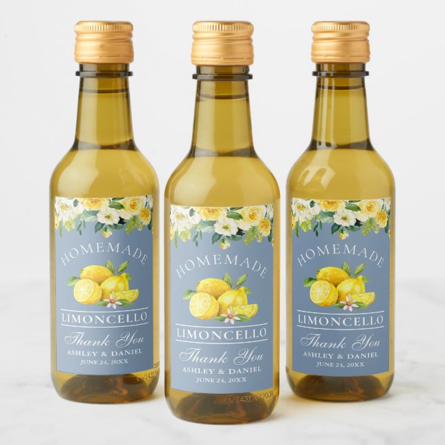 Limoncello Lemons Floral Dusty Blue Mini Wine Label (Bottles)