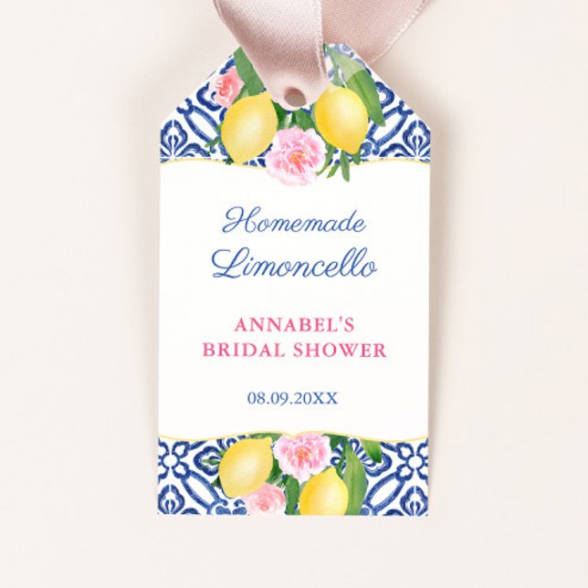 Limoncello Positano Lemon Bridal Shower Favour Tag (Positano lemons with pink flowers limoncello or homemade cookies bridal shower favor tag)