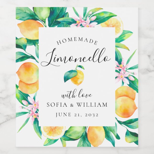 Limoncello Watercolor Lemons Liquor Bottle Label (Single Label)