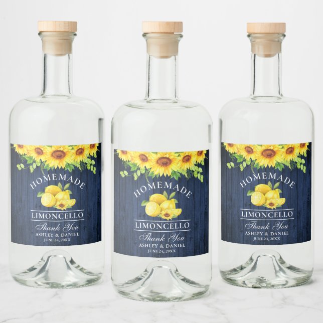 Limoncello Watercolor Sunflowers Blue Wood Liquor Bottle Label (Bottles)