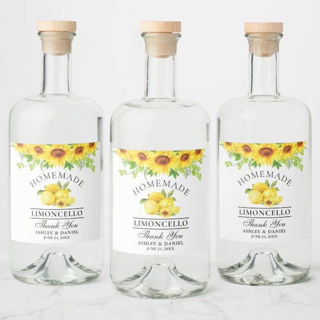 Limoncello Watercolor Sunflowers Greenery Liquor Bottle Label (Bottles)