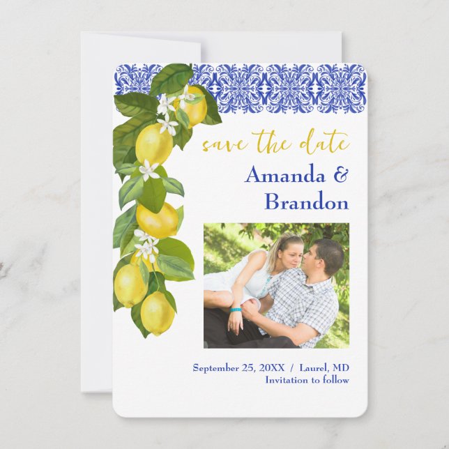 Limone I Italian Lemon & Blue Tile Save the Date Invitation (Front)