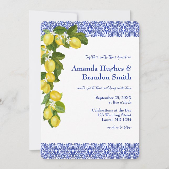 Limone I Italian Lemon & Blue Tile Wedding Invite (Front)