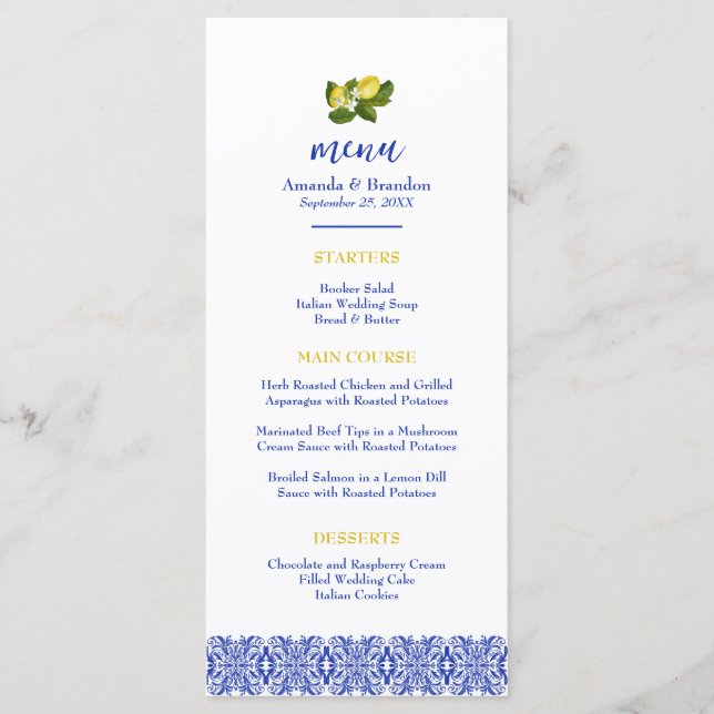 Limone I Italian Lemon & Blue Tile Wedding Menu (Front)