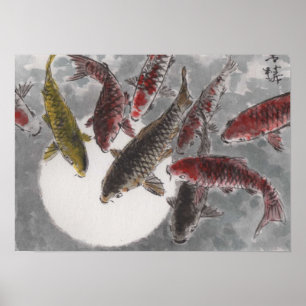 Lin Li's Art Chinese Watercolor 9 KOI Fish Moon Poster