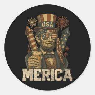Lincoln 4th Of July Merica Abe Boys Men Women Amer Classic Round Sticker