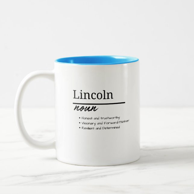 Lincoln, Boy Personalised Name Definition Two-Tone Coffee Mug (Left)