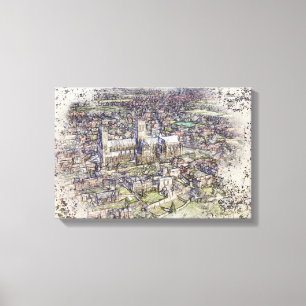 Lincoln Cathedral Aerial Sketch Art Distressed Canvas Print