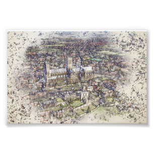 Lincoln Cathedral Aerial Sketch Art Distressed Photo Print