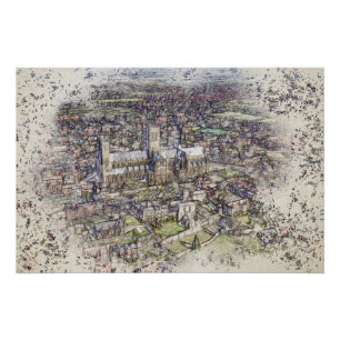 Lincoln Cathedral Aerial Sketch Art Distressed Poster