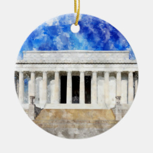 Lincoln Memorial facade in watercolor Ceramic Tree Decoration
