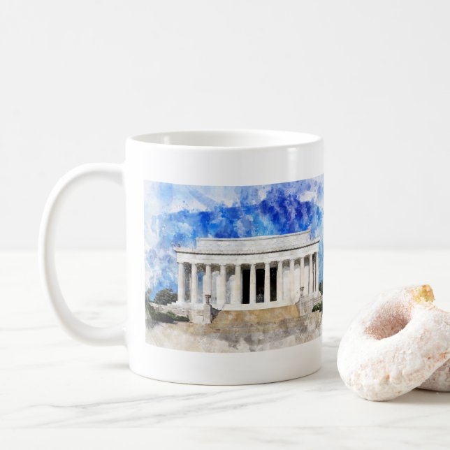 Lincoln Memorial facade in watercolor Coffee Mug (With Donut)