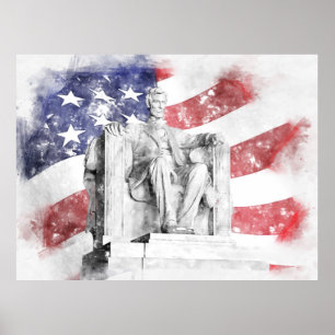 Lincoln Memorial watercolor American flag waving Poster