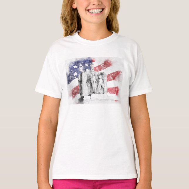 Lincoln Memorial watercolor American flag waving T-Shirt (Front)