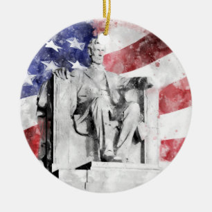 Lincoln Memorial watercolor with American flag Ceramic Tree Decoration