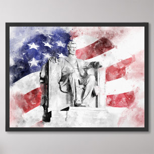Lincoln Memorial watercolor with American flag Photo Print