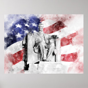 Lincoln Memorial watercolor with American flag Poster