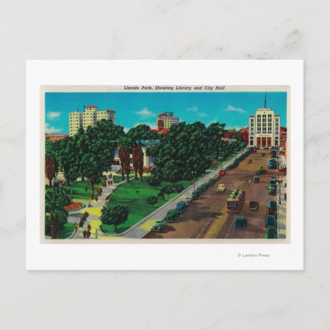 Lincoln Park showing Library & City Hall Postcard (Front)