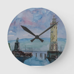 Lindau with Lion and Lighttower on Lake Constance Round Clock