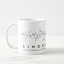 Mug featuring the name Linden spelled out in the single letter amino acid code