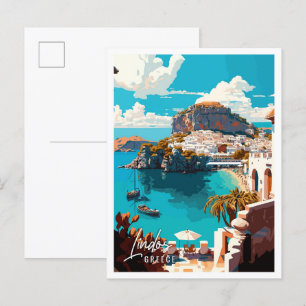 Lindos Greece vintage travel illustration Postcard