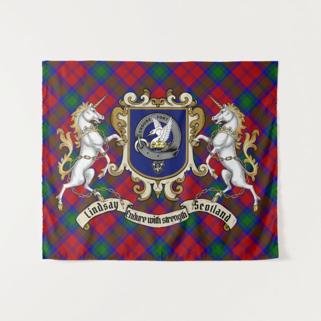 Lindsay Clan Badge & Unicorns w/Tartan Tapestry (Front (Horizontal))
