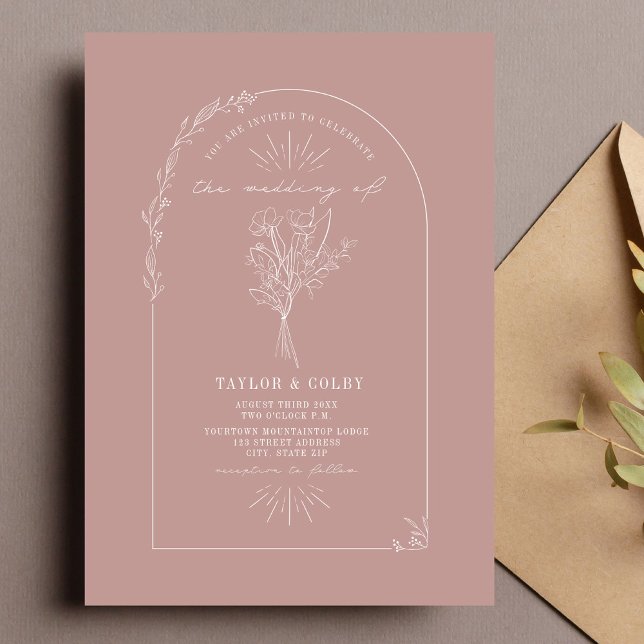 Line Art Arch Bouquet Blush Pink Wedding Invitation (Creator Uploaded)