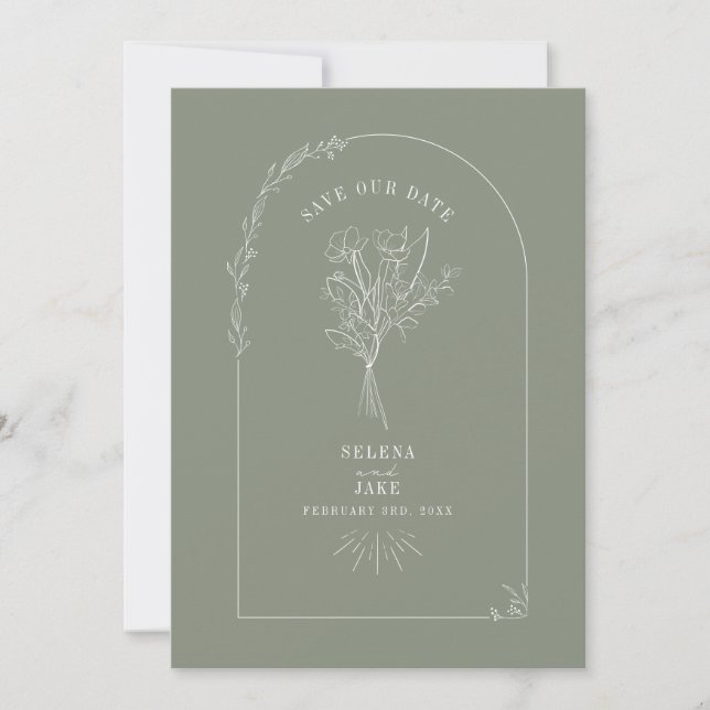Line Art Arch Bouquet Sage Green Save The Date (Front)