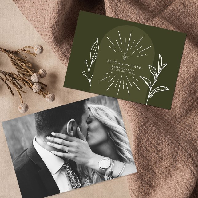Line Art Arch Script Green Wedding Photo Save The Date (Creator Uploaded)