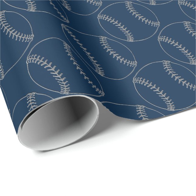 Line Art Baseballs-Embossed Blue-Gift Wrap Paper (Roll Corner)