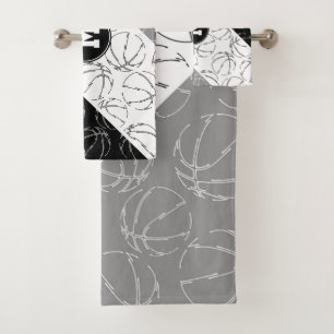 line art basketballs pattern on black grey white bath towel set