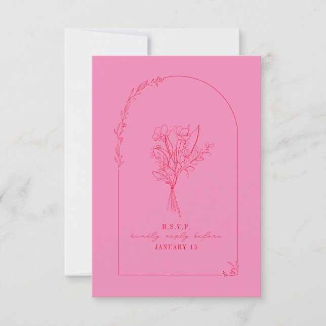 Line Art Bouquet Arch Pink Red Wedding RSVP Card (Front)
