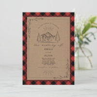 Line Art Buffalo Plaid Mountain Wedding Invitation