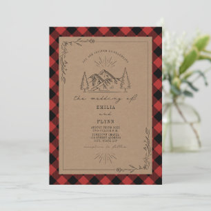 Line Art Buffalo Plaid Mountain Wedding Invitation