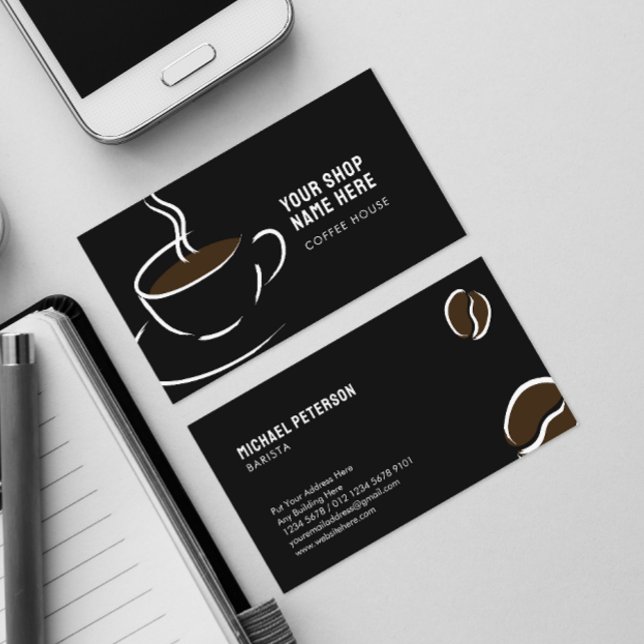 Line Art Coffee Cup and Beans on Black Business Card (Creator Uploaded)