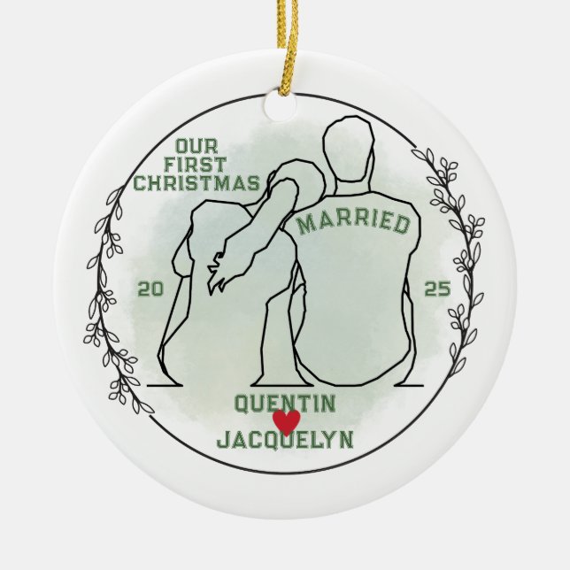 Line Art Couple First Christmas Married Ceramic Tree Decoration (Front)