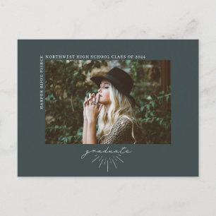Line Art Dark Emerald Graduate Photo Announcement Postcard
