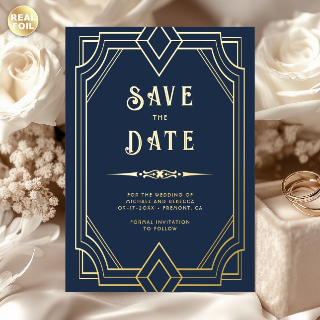 Line Art Deco Navy Blue Gold Wedding Save the Date (Creator Uploaded)