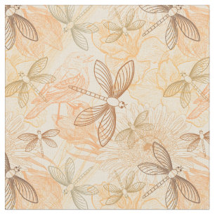Line art dragonflies birds flowers peach pattern fabric