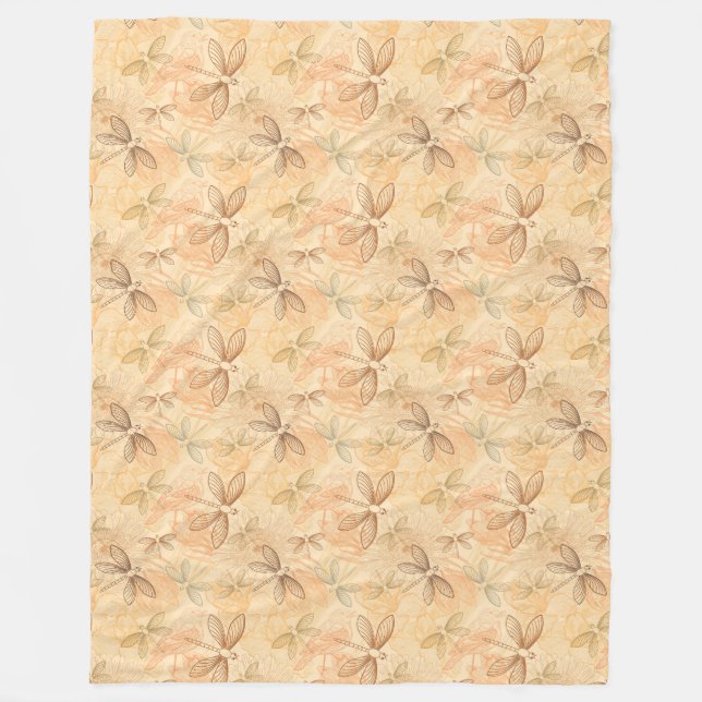 Line art dragonflies birds flowers peach pattern fleece blanket (Front)